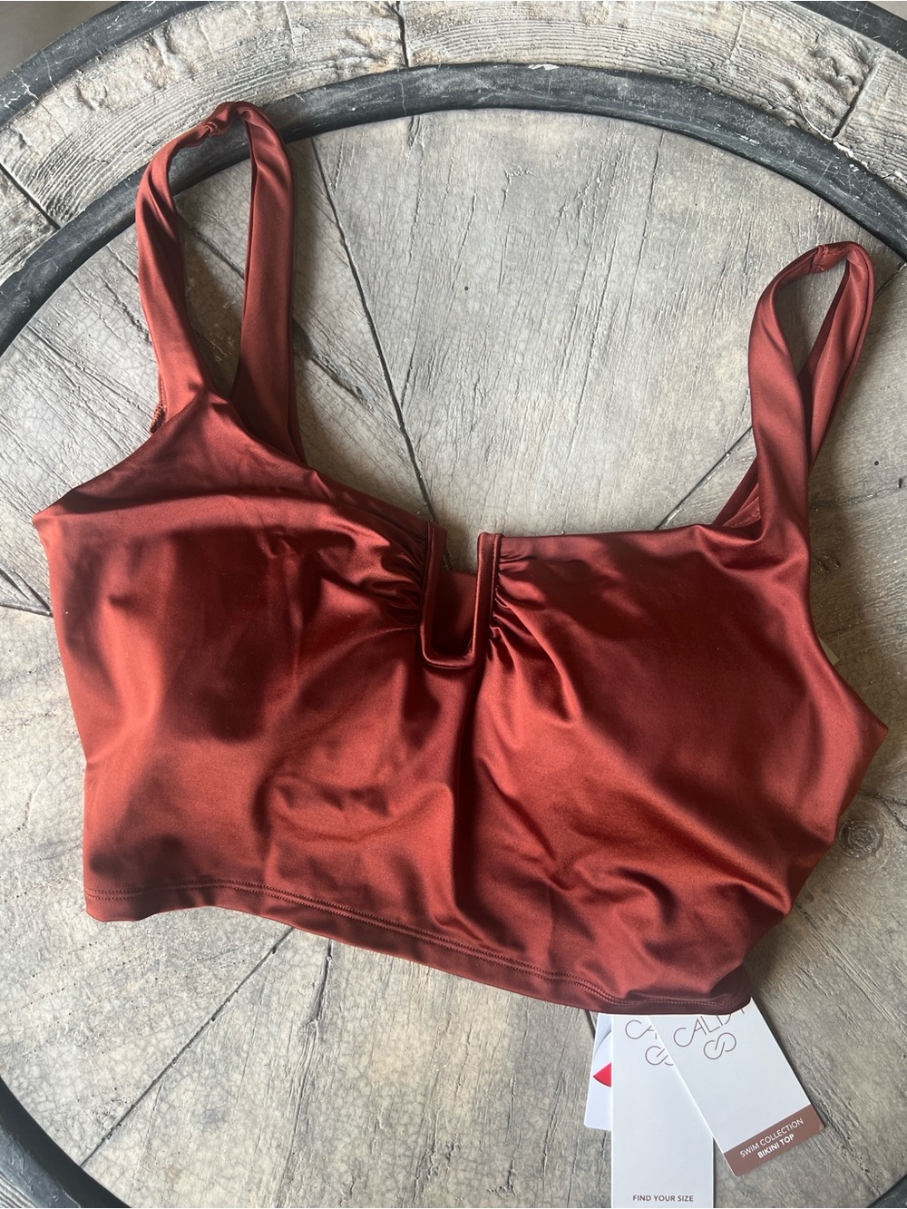 CALIA by Carrie Underwood Satin V-Notch Swim Cami in Rust Red Brown